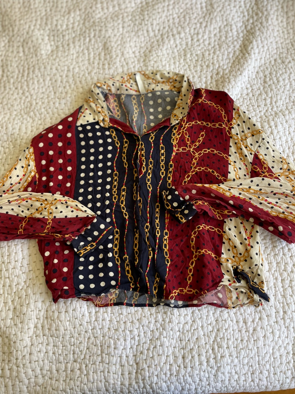 Polka Dot & Chain Print Scarf Top in Burgundy, Navy & Cream